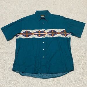 Vtg Rustler Wrangler Western Shirt Mens XL Aztec Short Sleeve Button Green